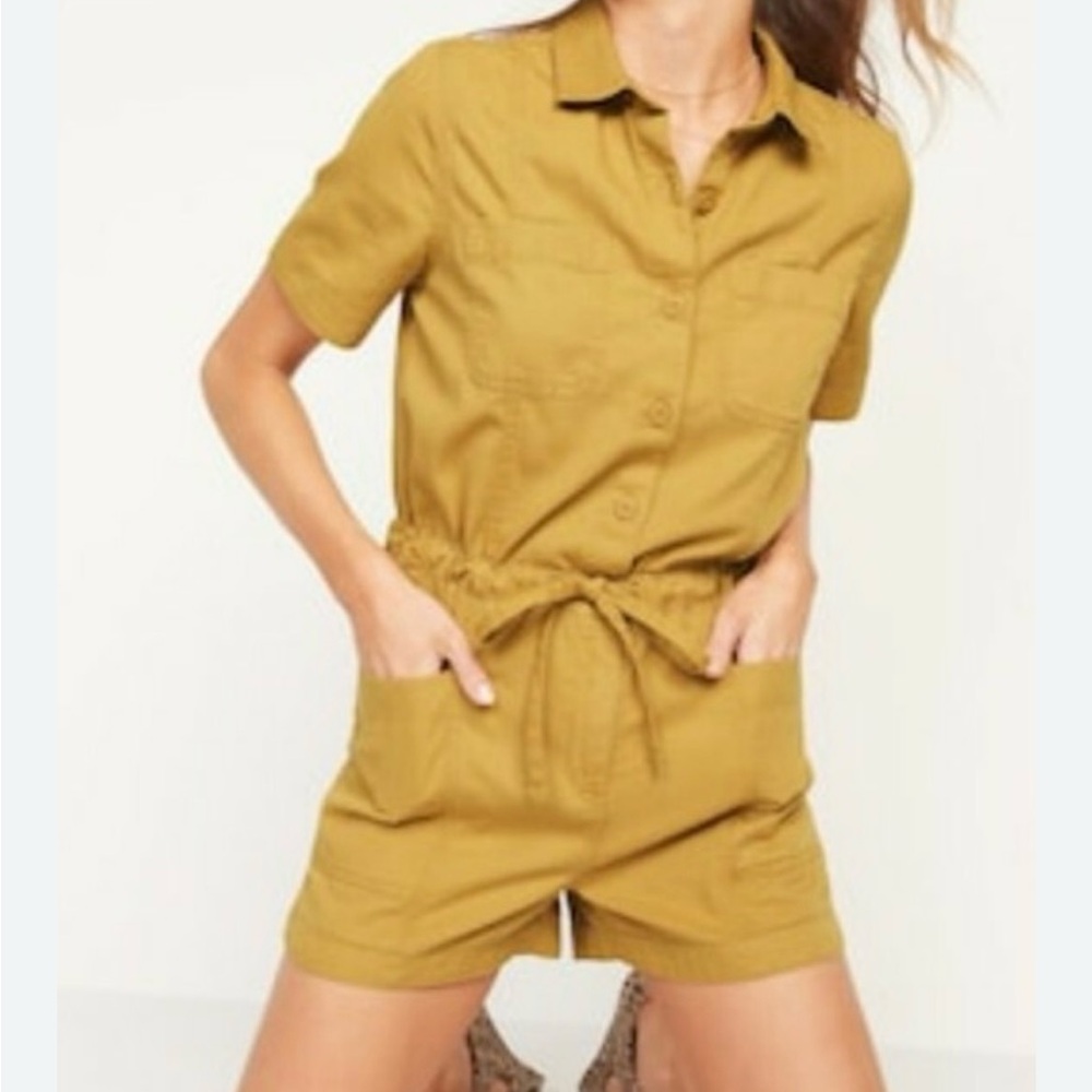 Old Navy Yellow Utility Romper with Tie Waist